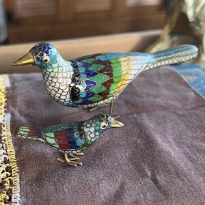 Vintage Chinese Colorful Cloisonné Bird Figurines - Set of 2 Mom & Baby
